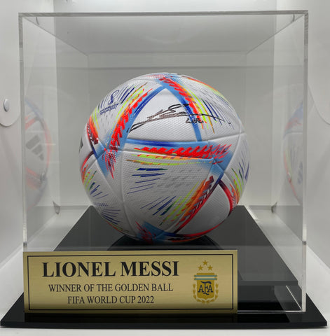 Lionel Messi Signed FIFA World Cup 2022 Argentina Soccer Ball / Football with Display Case and Plaque