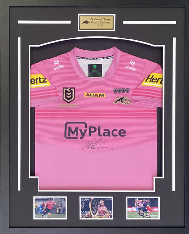 Nathan Cleary Personally Signed 2024 Penrith Panthers Jersey, Framed.