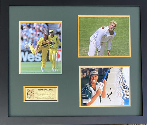 Shane Warne Signed Photo Tribute - classic zinc and holding a bat